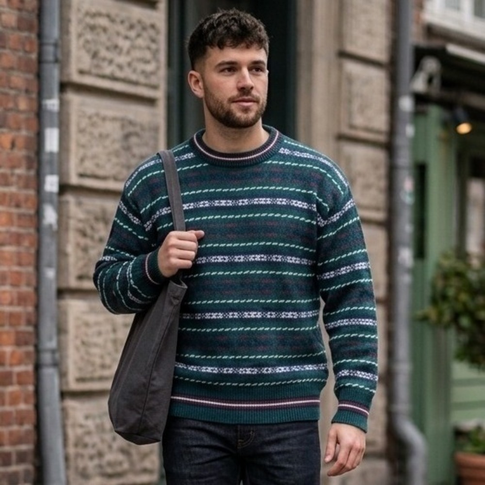 Cape Isle Knitters Striped Sweater Mens Large Green Cotton Crewneck Heritage